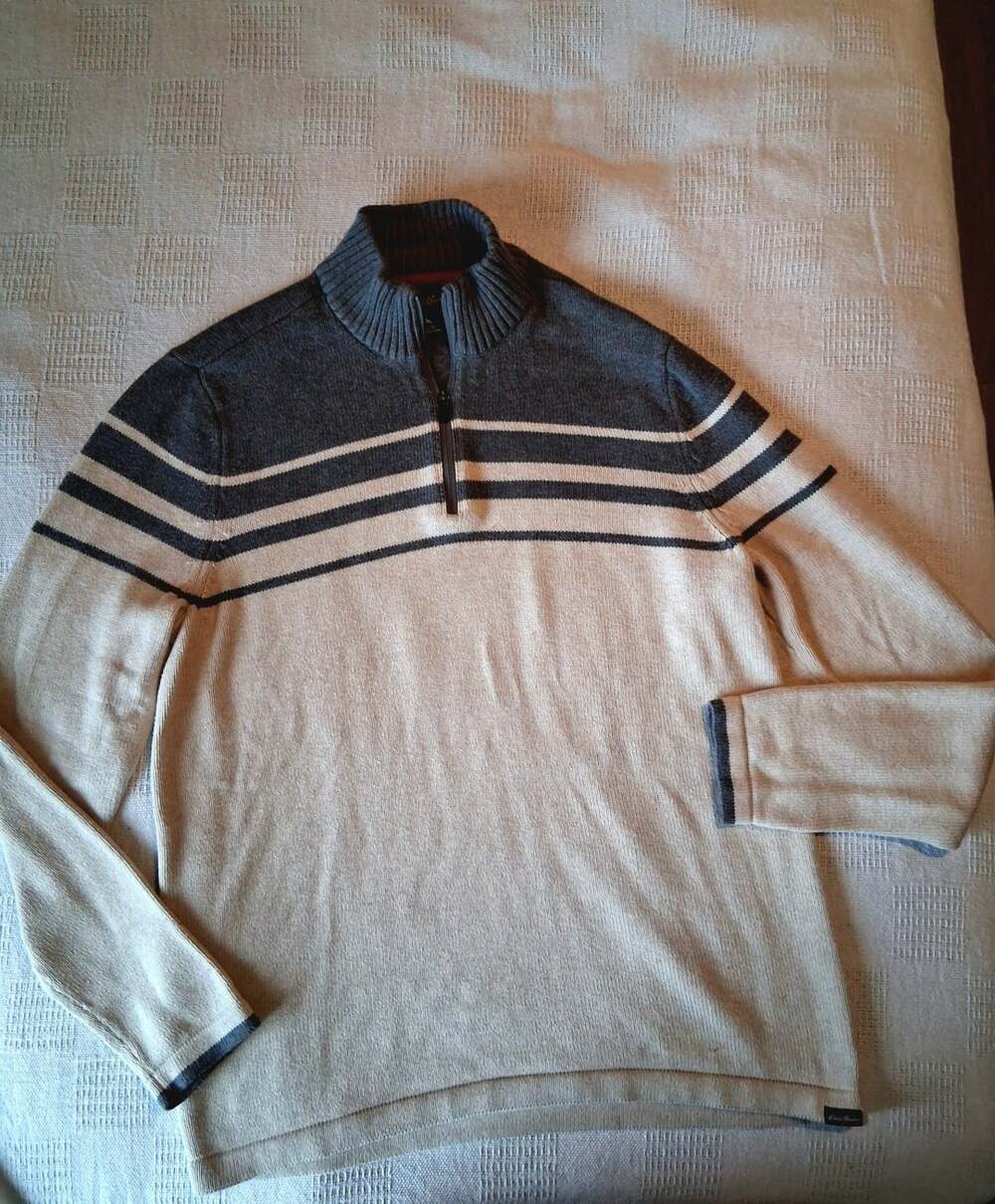 Eddie Bauer 1/4 Zip Sweater XL Gray Cream Striped Mock Neck